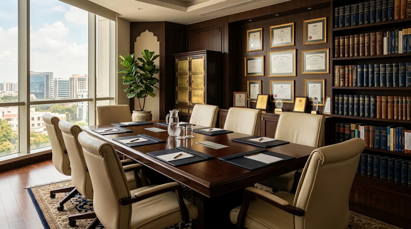 Sapient Consultants advisory boardroom in Hyderabad — certificates, leather-bound reference volumes, and a mahogany conference table