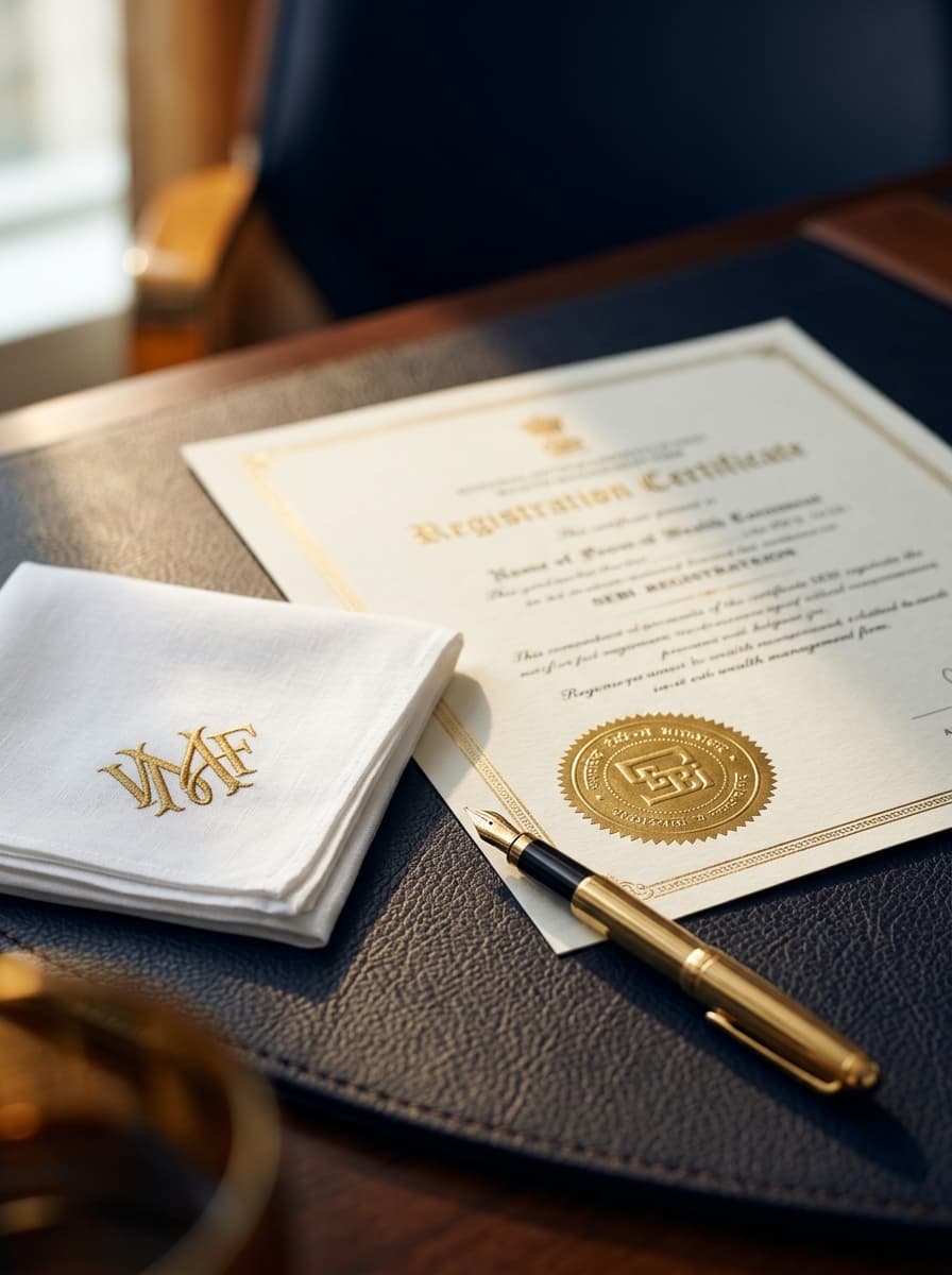 A SEBI registration certificate with gold seal and fountain pen — representing Sapient's verifiable credentials and institutional authority