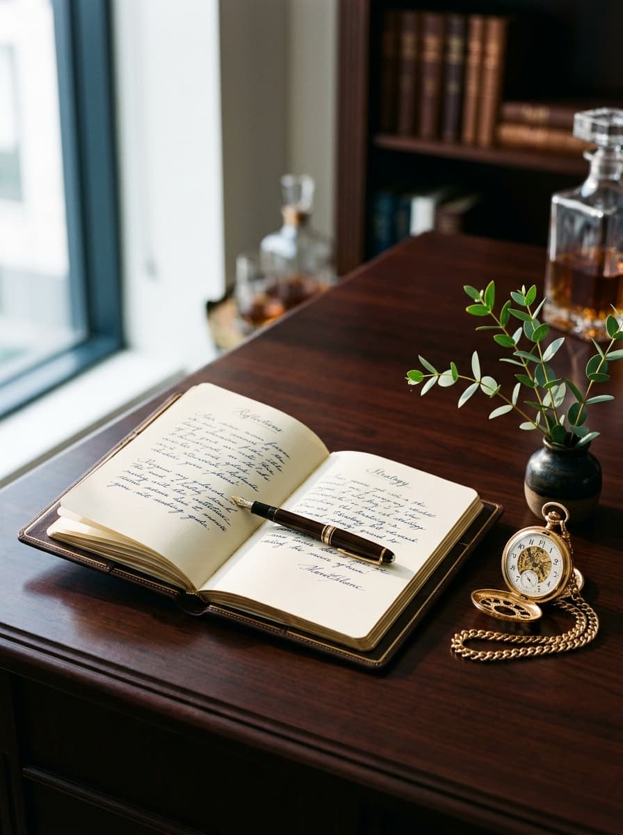An open journal with a fountain pen and gold pocket watch on a mahogany desk — representing nineteen years of principled, careful investment advisory