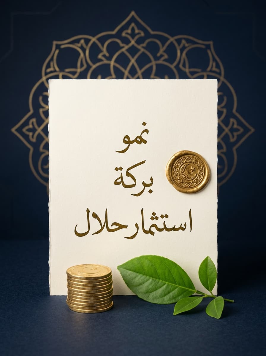 Islamic arabesque pattern with Arabic calligraphy, gold coins and green leaf — symbolising blessed, halal wealth growth