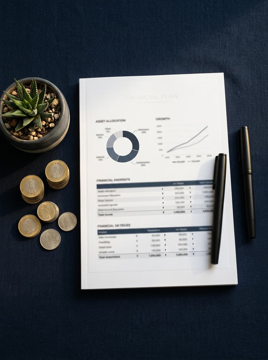 Financial planning document with Indian Rupee coins and a succulent plant on a navy surface — representing comprehensive investment advisory services
